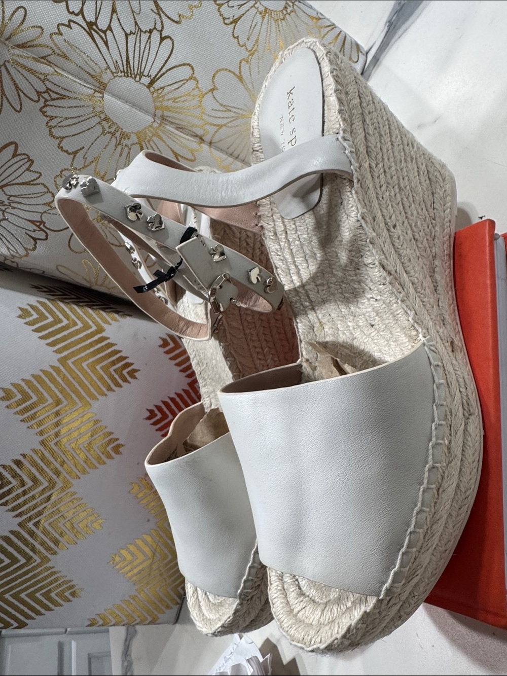 kate spade White Espadrille Wedge Sandals Womens 10 with Studded Ankle Strap